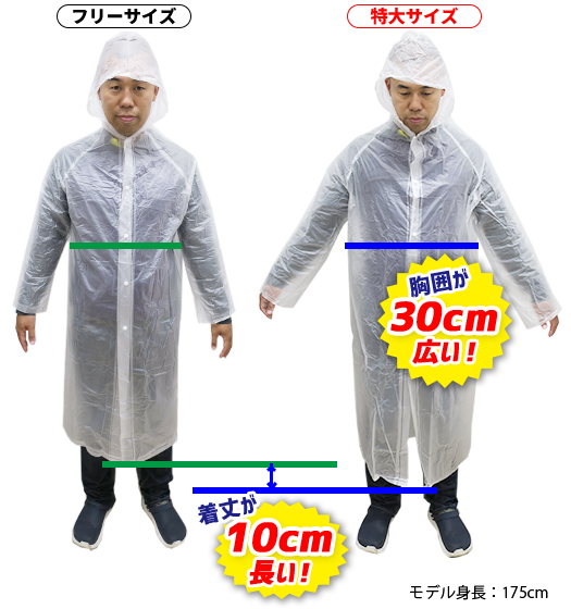 フリーサイズに比べて胸囲が30cm広い/着丈が10cm長い